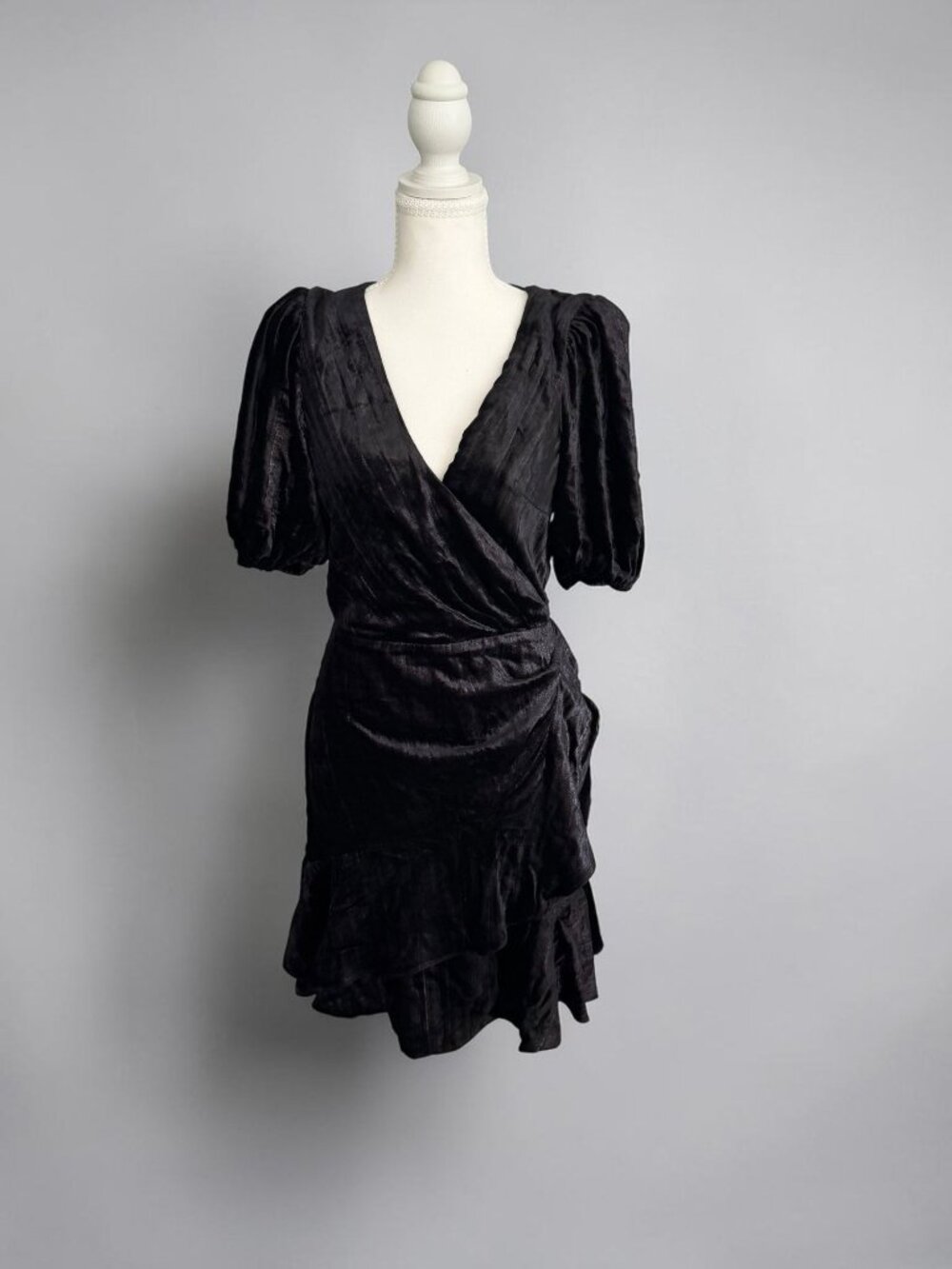 PARKER Black Velvet Ruffle Wrap Dress Size Large